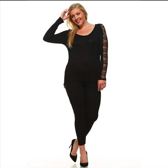 SALE Black Lace Sleeves and Lace Back Top Large XLarge 1X Plus - Picture 7 of 10